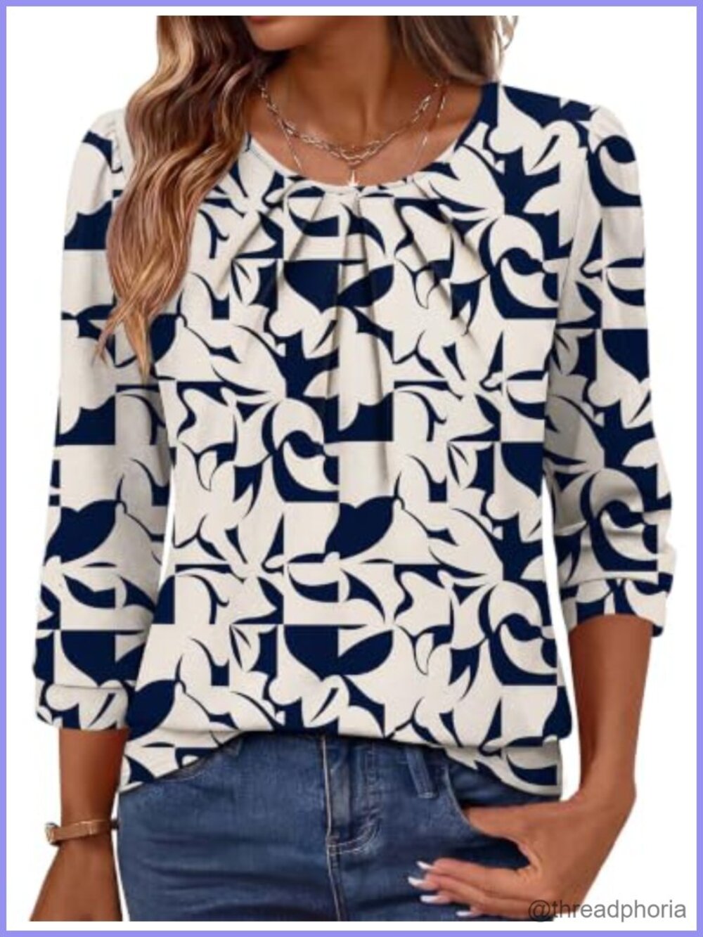 Womens 3/4 Sleeve Pleated Front Blouse Business Casual Tunic Top